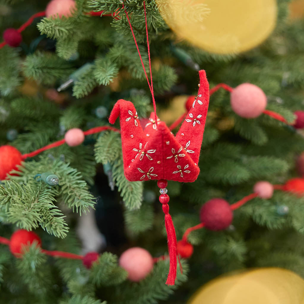 Red & Gold Origami Crane Ornament