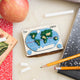 Small world map model ornament on a desk with an apple, notebook, and pencils.