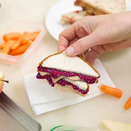 This handcrafted design captures the classic peanut butter and jelly sandwich, complete with layered bread and vibrant jelly details; Go back in time with this classic sandwich ornament - think cafeteria lunches, hallway memories, dad packing your brown-paper bag lunch. This is a time-capsule!