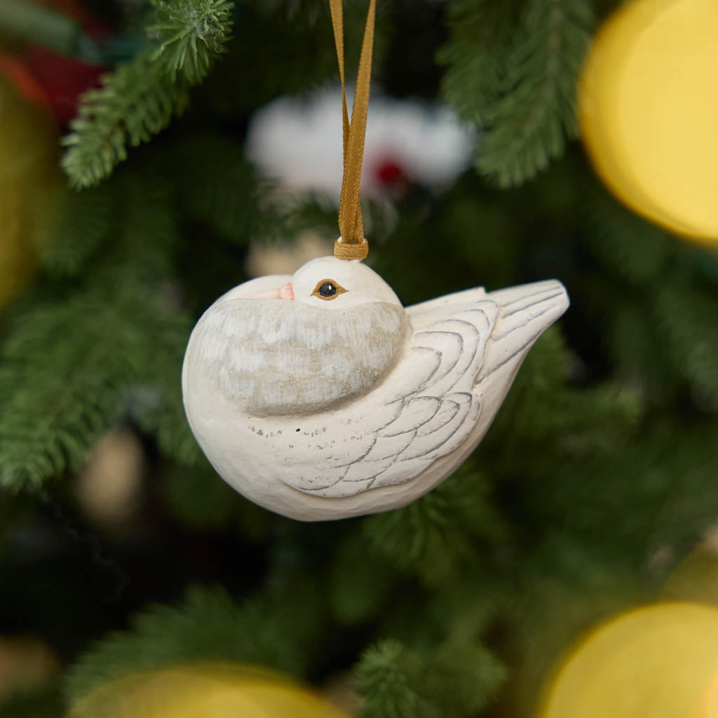A handmade Holle Cropper Pigeon Ornament featuring a hand-painted resin bird with a distinctive puffed chest, creamy white plumage, and satin hanging ribbon.