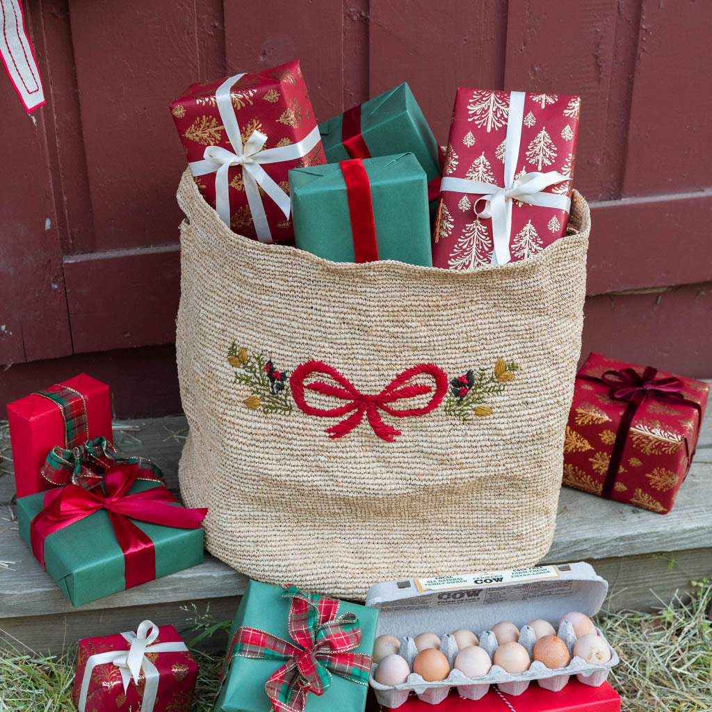 Large Bow Crocheted Raffia Basket