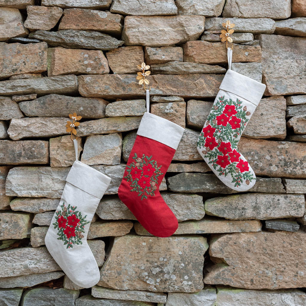 Natural Poinsettia Bundle Linen Stocking