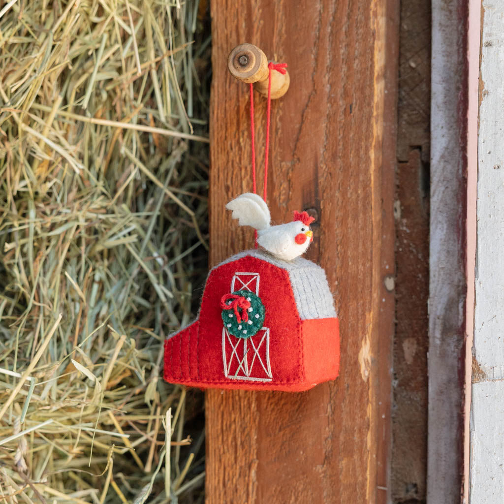 Red Barn with Rooster Ornament