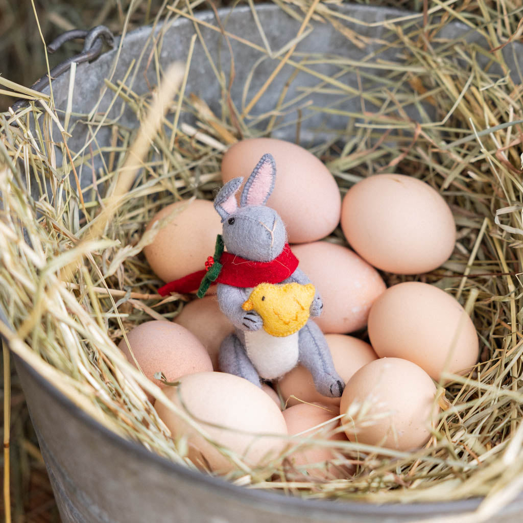 Our Gray Holiday Bunny with Chick Ornament captures a heartwarming moment of gentle friendship. Wrapped in a cozy red scarf adorned with festive holly leaves and tiny red berries, this sweet gray bunny lovingly cradles a fluffy yellow chick, creating a scene that's full of warmth, comfort, and Christmas cheer.