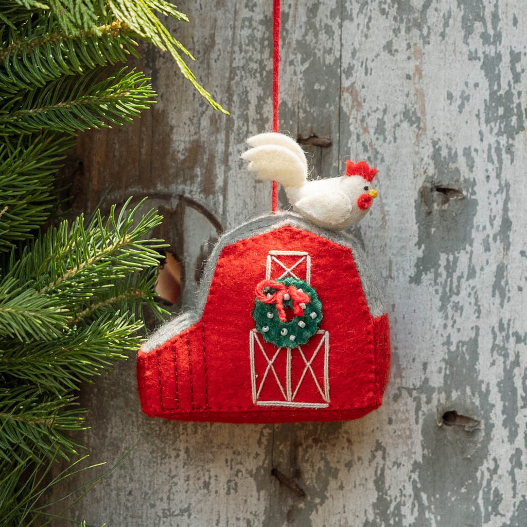 Red Barn with Rooster Ornament