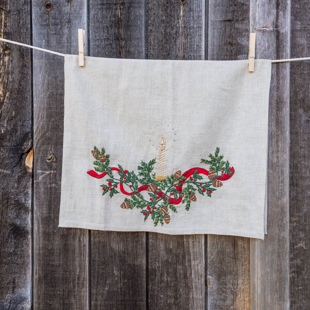 Natural Candle Garland Linen Tea Towel