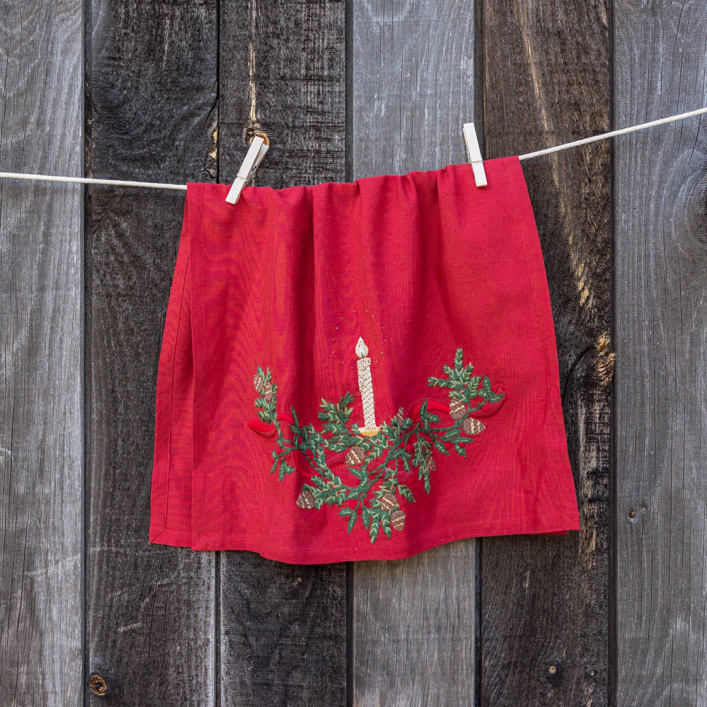 Red Candle Garland Linen Tea Towel