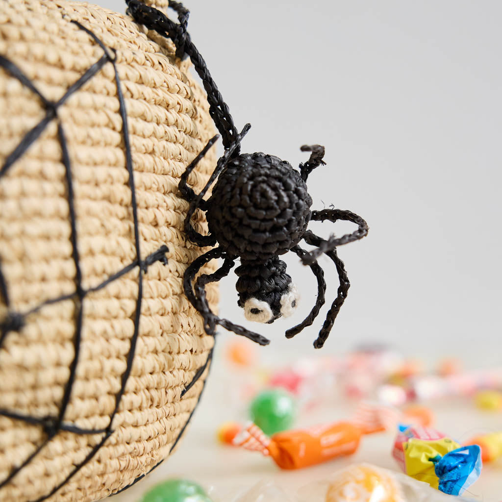 A hand-crocheted raffia Spider Basket featuring a bold black spiderweb and playful spider detail, perfectly sized for trick-or-treating, Halloween treasures, and festive fall displays.