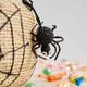 A hand-crocheted raffia Spider Basket featuring a bold black spiderweb and playful spider detail, perfectly sized for trick-or-treating, Halloween treasures, and festive fall displays.
