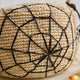 A hand-crocheted raffia Spider Basket featuring a bold black spiderweb and playful spider detail, perfectly sized for trick-or-treating, Halloween treasures, and festive fall displays.