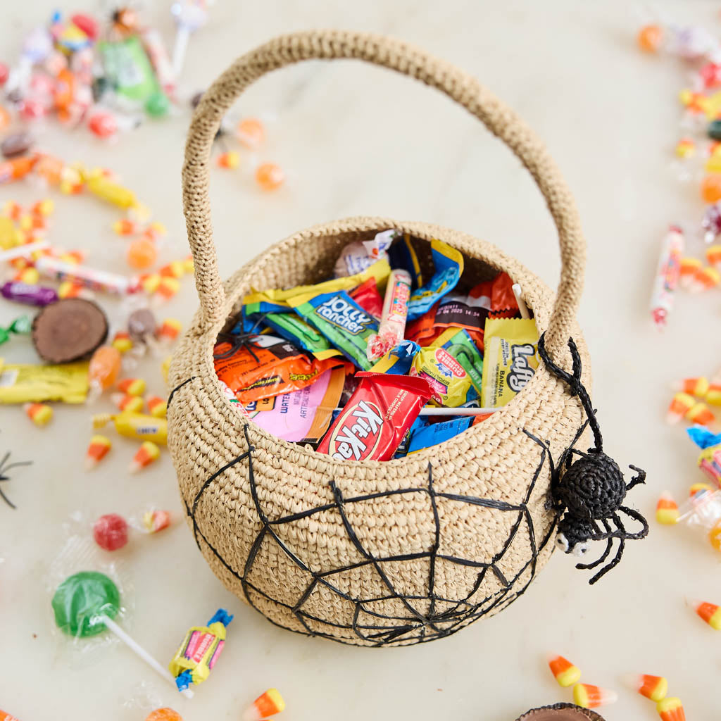 A hand-crocheted raffia Spider Basket featuring a bold black spiderweb and playful spider detail, perfectly sized for trick-or-treating, Halloween treasures, and festive fall displays.