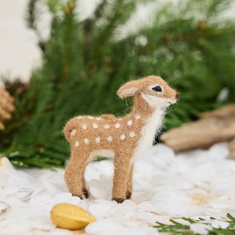 An irresistibly sweet, needle-felted alpaca wool fawn ornament from Peru, featuring delicate white spots, soft fuzzy textures, and lifelike details—bringing the gentle magic of woodland creatures to your Christmas tree.