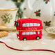 A handmade felt Double Decker London Bus ornament celebrating iconic British landmarks, London adventures, and festive holiday travel.