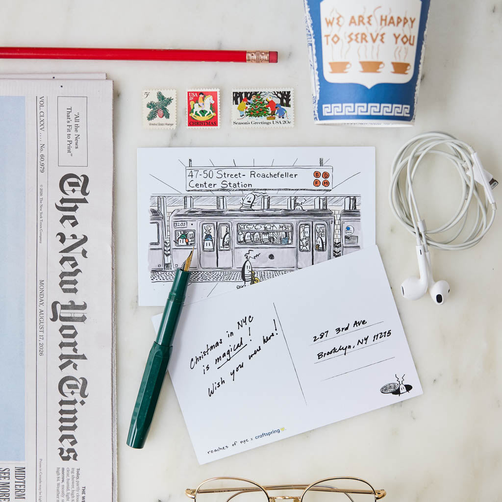 A whimsical illustrated NYC subway postcard featuring JG Debray's playful cockroach characters, created in collaboration with Roaches of NYC and Craftspring.