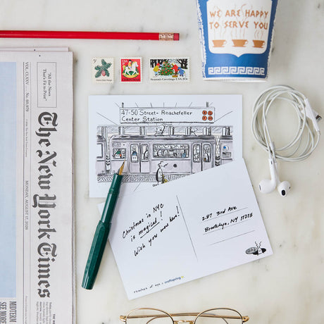A whimsical illustrated NYC subway postcard featuring JG Debray's playful cockroach characters, created in collaboration with Roaches of NYC and Craftspring.