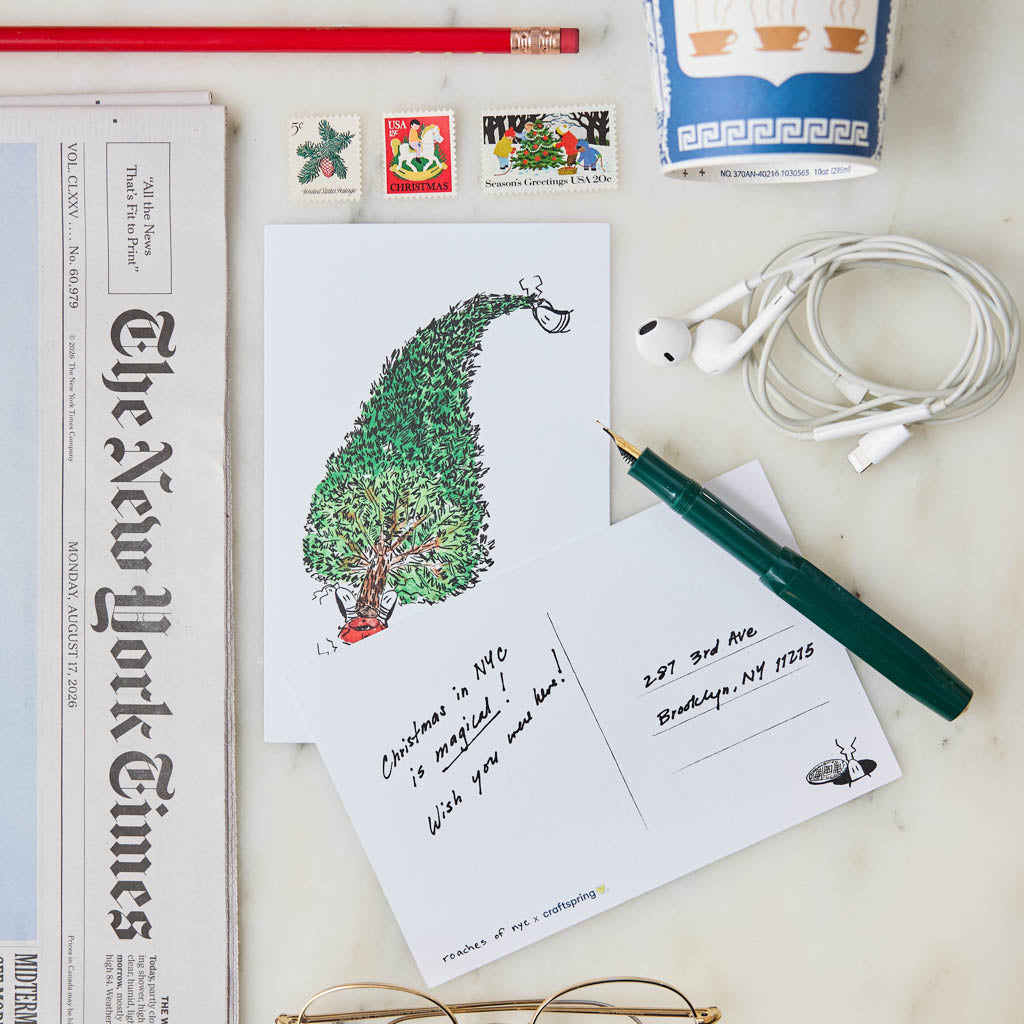  Our Roach-mas Tree Postcard brings a hilarious twist to a beloved holiday tradition, featuring one of New York City's most infamous little residents hauling home a Christmas tree that's just a little too big for the journey!