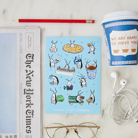 A playful NYC-themed sticker sheet featuring illustrated cockroach characters by artist JG Debray, created in collaboration with Roaches of NYC and Craftspring.