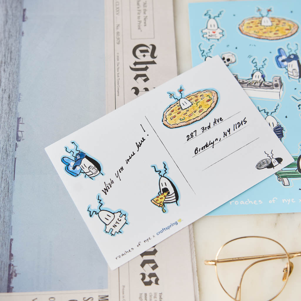 A playful NYC-themed sticker sheet featuring illustrated cockroach characters by artist JG Debray, created in collaboration with Roaches of NYC and Craftspring.