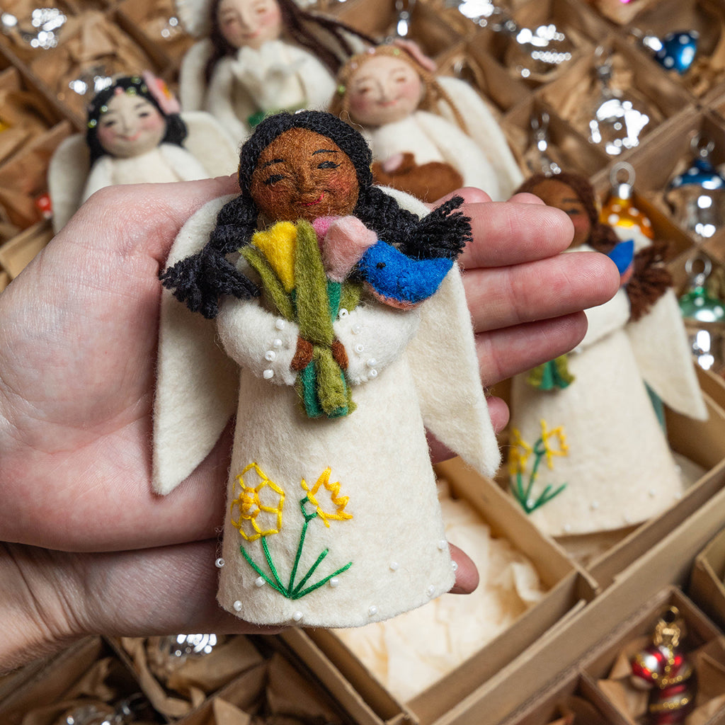 Large Spring Angels Hand-Felted Spring Deep Brown Angel with Flower Bouquet & Bluebird ...