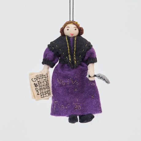 Handmade felt Ada Lovelace ornament from Craftspring, featuring intricate beaded and embroidered details including her holding Note G and gold embroidered equations on her dress—heirloom-quality Christmas decor, ethically crafted by artisans using sustainable wool.