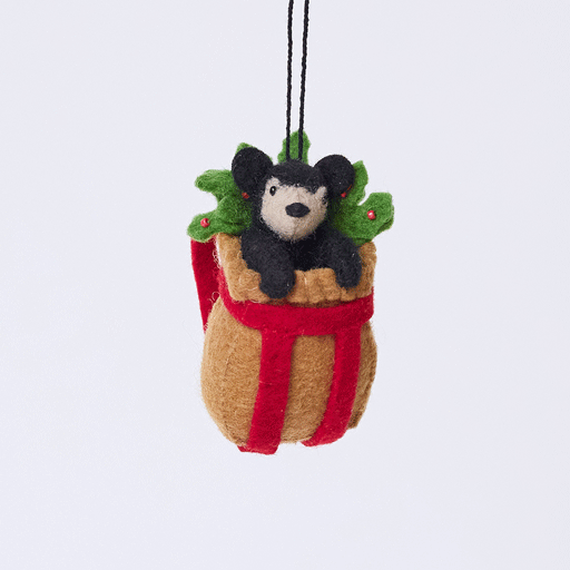 Handmade felt Adirondack Basket with Black Bear Cub ornament from Craftspring rotating to show front, side, and back views—featuring a rustic basket with holly and a sweet black bear cub peeking out, ethically crafted by artisans using sustainable wool.
