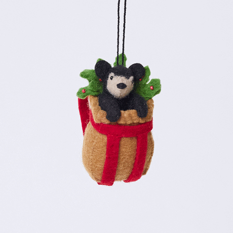 Handmade felt Adirondack Basket with Black Bear Cub ornament from Craftspring rotating to show front, side, and back views—featuring a rustic basket with holly and a sweet black bear cub peeking out, ethically crafted by artisans using sustainable wool.