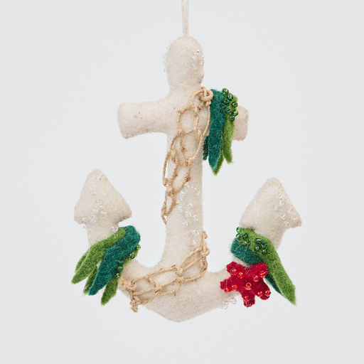 Handmade felt Anchor ornament from Craftspring rotating to show front, side, and back views—highlighting detailed beading, appliqué, and netting, sustainably handmade by artisans using wool.