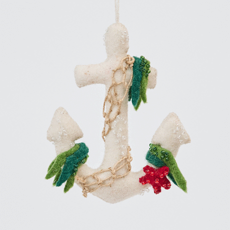 Handmade felt Anchor ornament from Craftspring rotating to show front, side, and back views—highlighting detailed beading, appliqué, and netting, sustainably handmade by artisans using wool.
