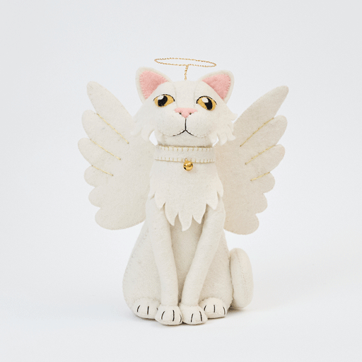 Handmade felt Angel Cat Tree Topper from Craftspring rotating to show front, side, and back views—featuring white angel wings, a halo, a white collar with a bell, and gold embroidered details, showcasing heirloom-quality craftsmanship, ethically crafted by artisans using sustainable wool.