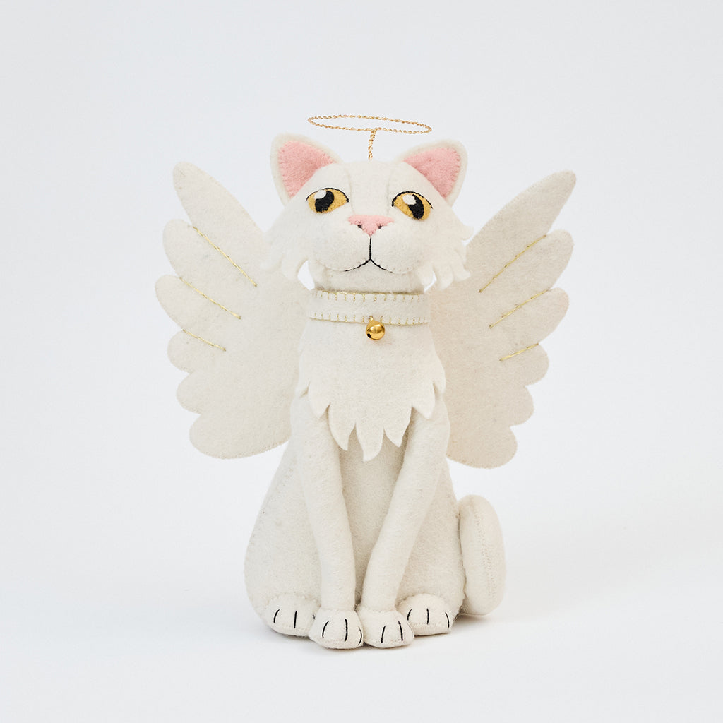 Handmade felt Angel Cat Tree Topper from Craftspring, featuring white angel wings, a halo, a white collar with a bell, and gold embroidered details—heirloom-quality holiday decor perfect for whimsical cat lovers, ethically crafted by artisans using sustainable wool.