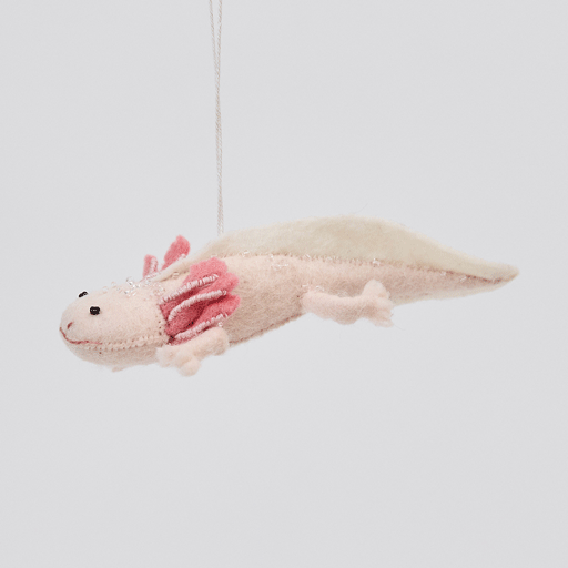 Handmade felt Axolotl ornament from Craftspring rotating to show front, side, and back views—featuring a cute pink design with intricate embroidered and beaded details, ethically crafted by artisans using sustainable wool.