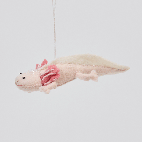 Handmade felt Axolotl ornament from Craftspring rotating to show front, side, and back views—featuring a cute pink design with intricate embroidered and beaded details, ethically crafted by artisans using sustainable wool.