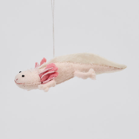 Handmade felt Axolotl ornament from Craftspring, featuring a cute pink design with intricate embroidered and beaded details—heirloom-quality Christmas decor, ethically crafted by artisans using sustainable wool.