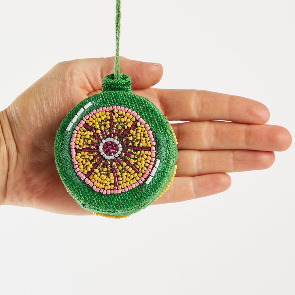 Hand Embroidered Green Chartreuse Linen Beaded Vintage Bauble