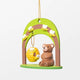 Rustic woodland ornament featuring smiling brown bear with bees and hive