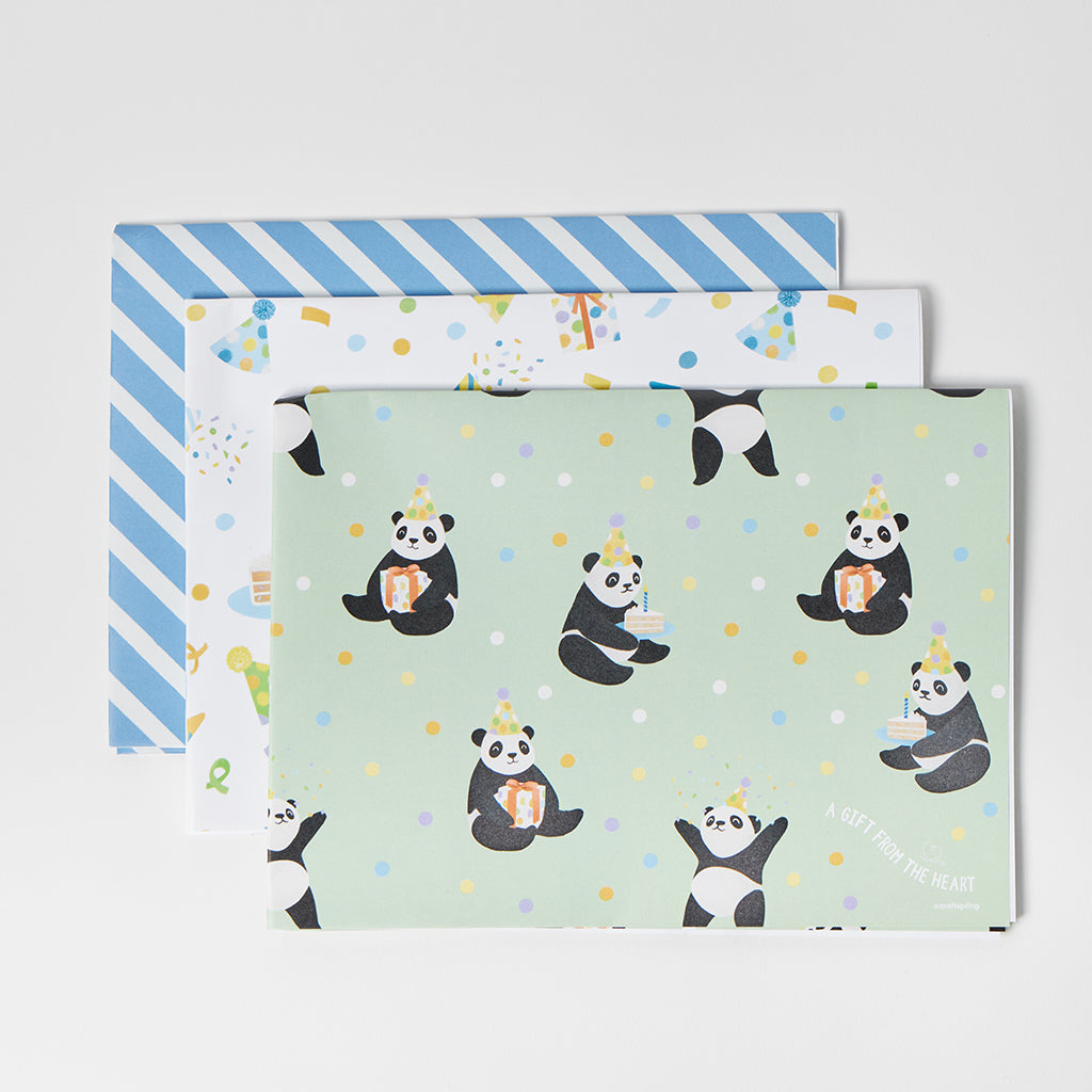 Birthday Party Panda Wrapping Paper Sheets - Set of 3