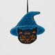 A double-sided handmade Black Cat Beaded Ornament featuring an intricately embroidered cat in a sparkling blue witch hat, with a playful “Boo” on the reverse.