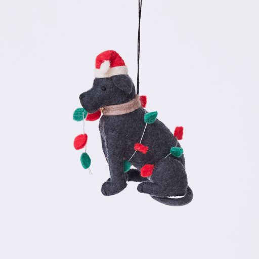 Craftspring’s Black Lab in Christmas Lights Ornament rotating to show front, side, and back views — felt dog wrapped in Christmas lights and wearing a Santa hat, a whimsical ornament perfect for holiday gifting — heirloom-quality Christmas decor, ethically crafted by artisans using sustainable wool.