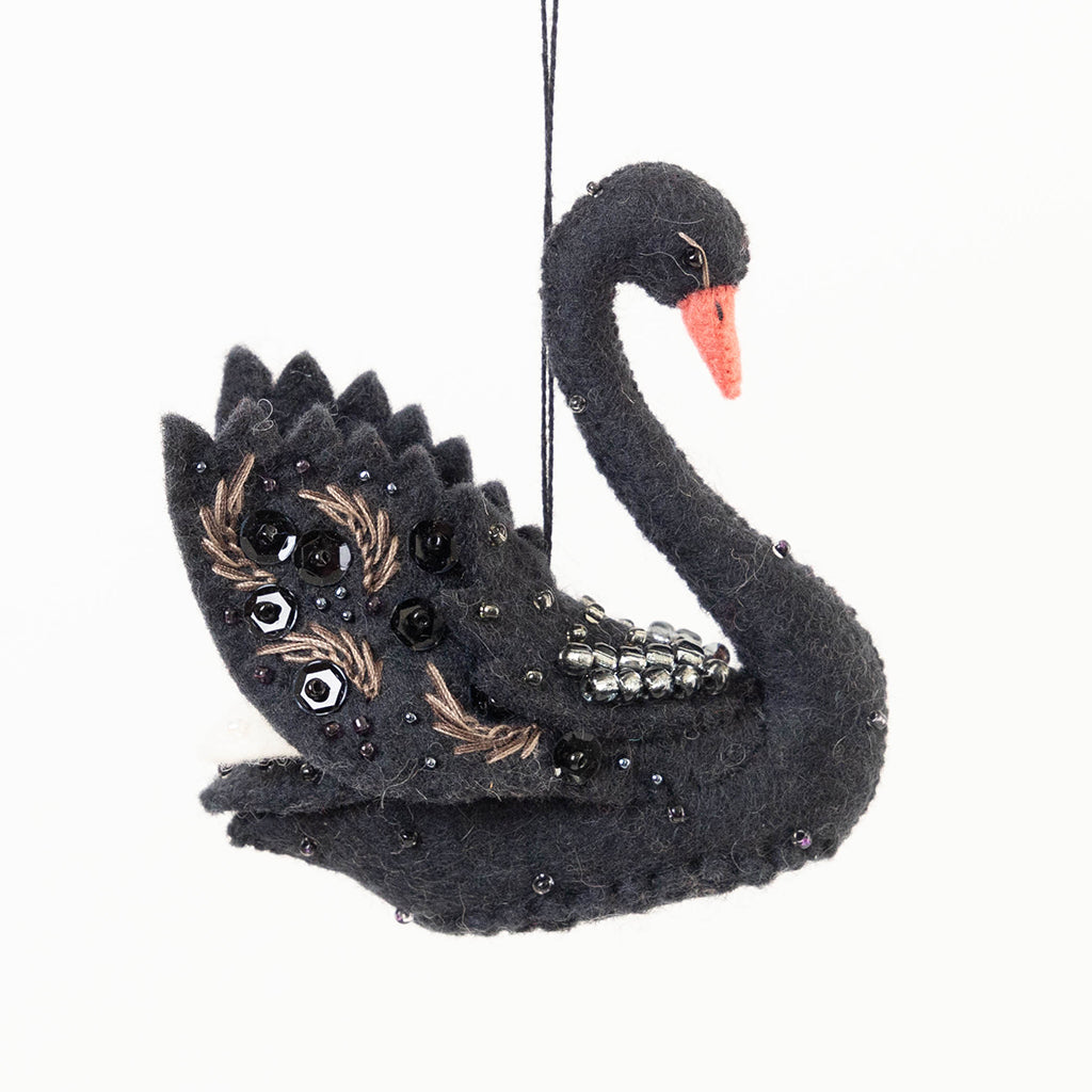 Hand-Felted & Embroidered Beaded Sequined Black Swan Ornament