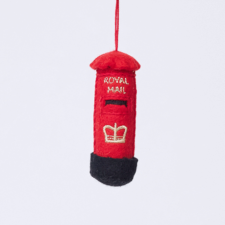 Handmade felt British Post Box ornament from Craftspring rotating to show front, side, and back views—featuring classic red design with gold embroidered details, ethically crafted by artisans using sustainable wool.