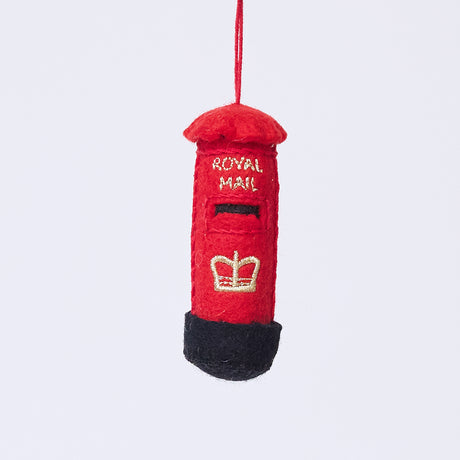 Handmade felt British Post Box ornament from Craftspring, featuring classic red design with gold embroidered details—heirloom-quality Christmas decor, ethically crafted by artisans using sustainable wool.
