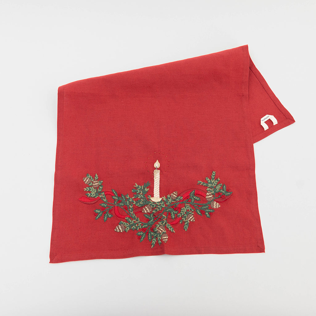 Candle Garland Linen Tea Towel - Red