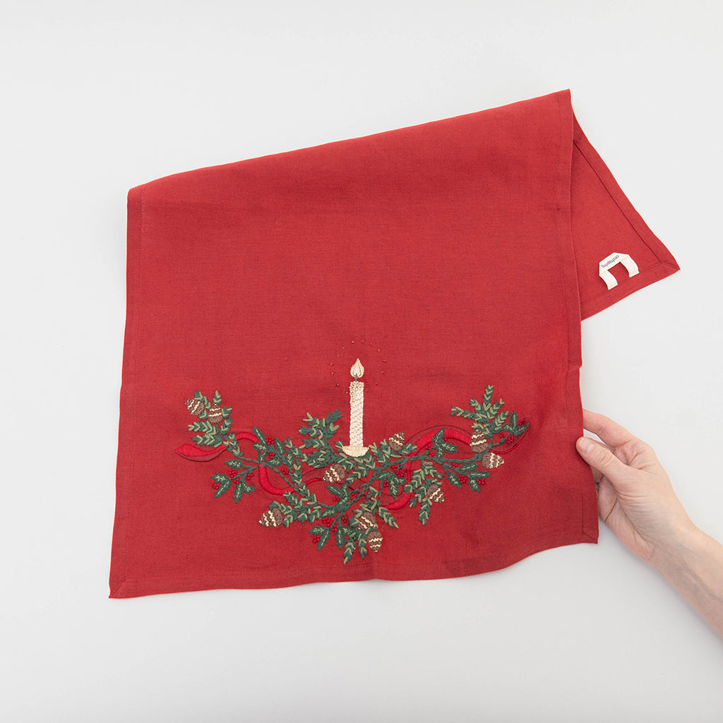 Candle Garland Linen Tea Towel - Red