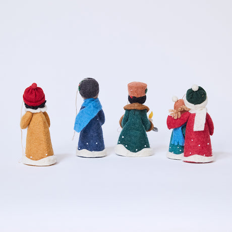 Back view of Craftspring’s Carolers Set of 5 ornaments, showing their vintage attire and applique snow details — handmade felt holiday decor with sweet embroidered touches, ethically crafted by artisans using sustainable wool.