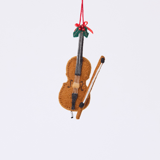 Handmade felt Cello Ornament from Craftspring rotating to show front, side, and back views — decorated with a bow and holly, featuring intricate beaded and embroidered details, heirloom-quality holiday decor ethically crafted by artisans using sustainable wool.