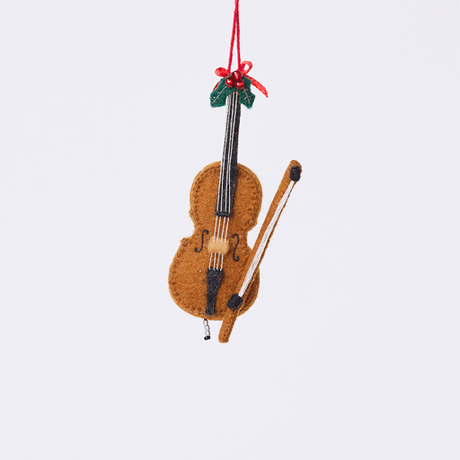 Handmade felt Cello Ornament from Craftspring rotating to show front, side, and back views — decorated with a bow and holly, featuring intricate beaded and embroidered details, heirloom-quality holiday decor ethically crafted by artisans using sustainable wool.