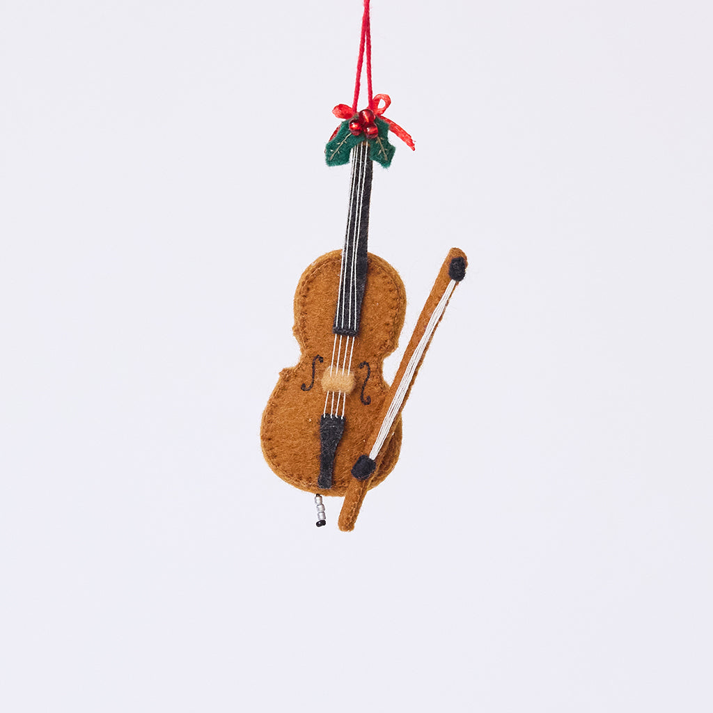 Handmade felt Cello Ornament from Craftspring, featuring a bow and festive holly on top with intricate beaded and embroidered details — heirloom-quality Christmas decor, ethically crafted by artisans using sustainable wool.