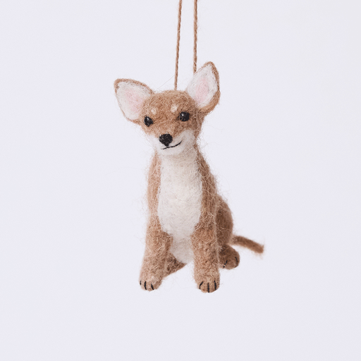Handmade needle-felted Chihuahua Ornament from Craftspring rotating to show front, side, and back views—highlighting its big ears and cute face, ethically crafted by artisans using sustainable wool.