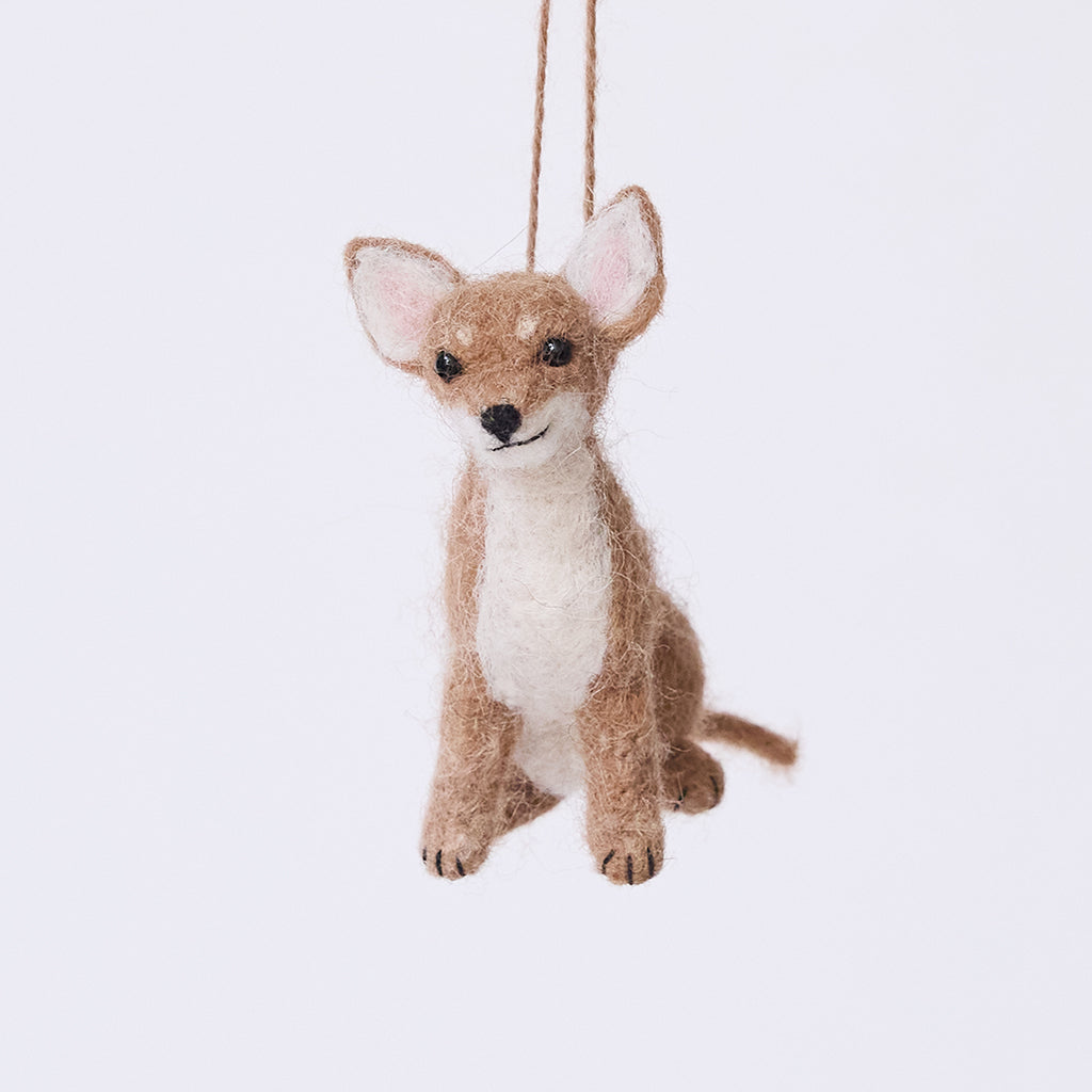 Handmade needle-felted Chihuahua Ornament from Craftspring, with big ears and a cute face—adorable Christmas decor, ethically crafted by artisans using sustainable wool.