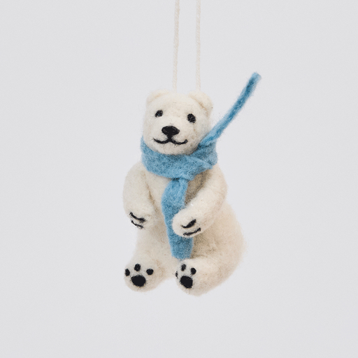 Handmade needle-felted Chilly Polar Bear ornament from Craftspring rotating to show front, side, and back views—featuring a cozy blue scarf and detailed needle felting, showcasing heirloom craftsmanship, ethically crafted by artisans using sustainable wool.